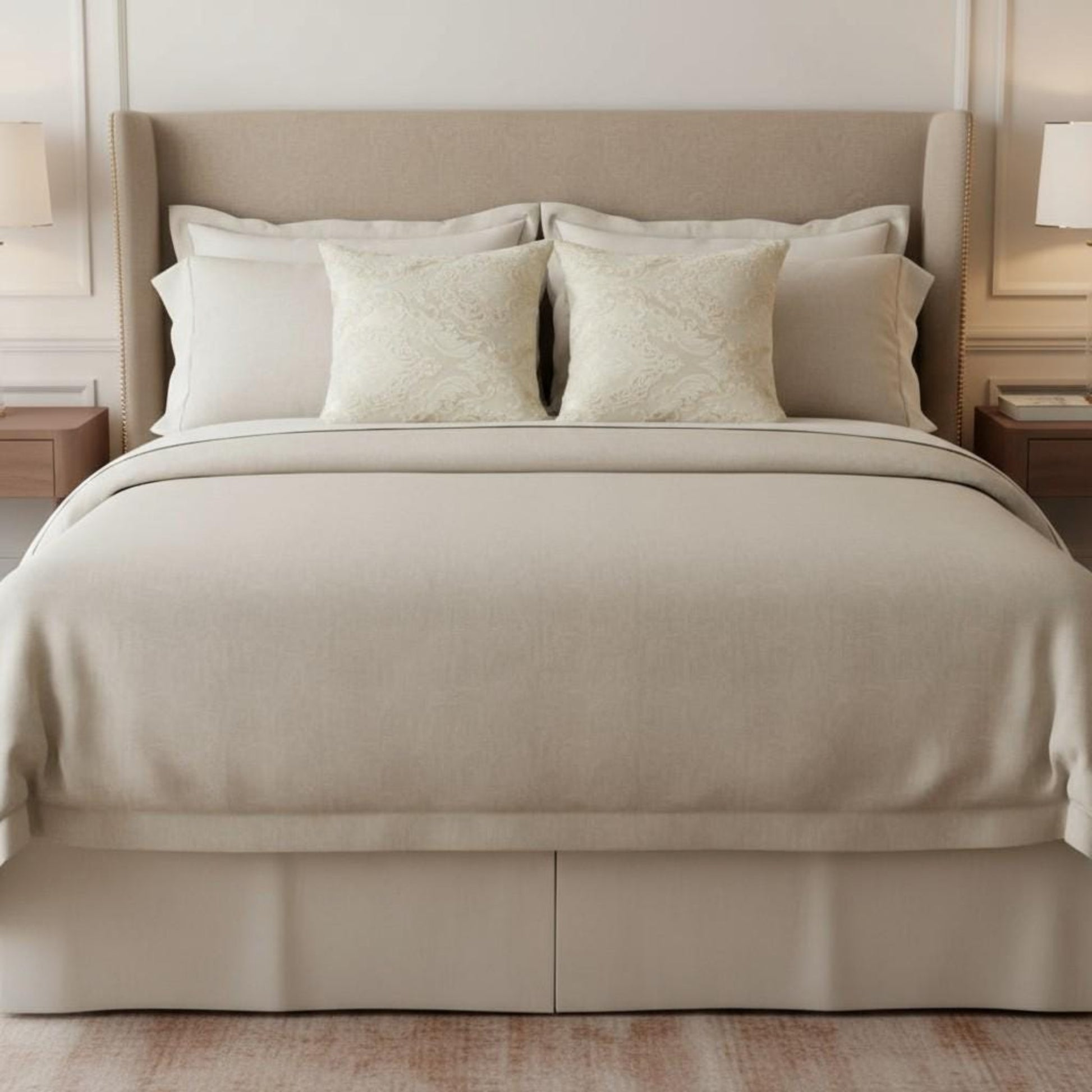 Beige bed with matching headboard and bedding in a bedroom setting.
