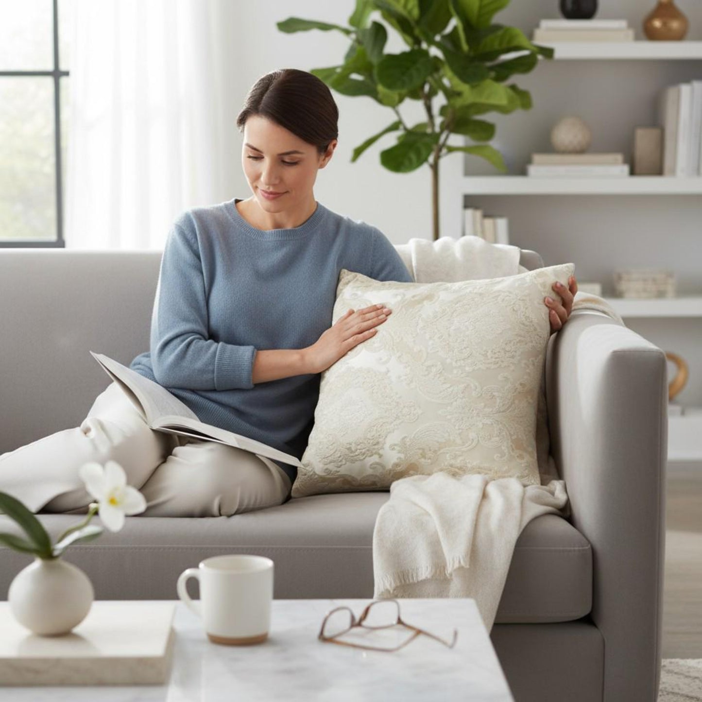 Woman reading a magazine on a couch in a cozy living room.