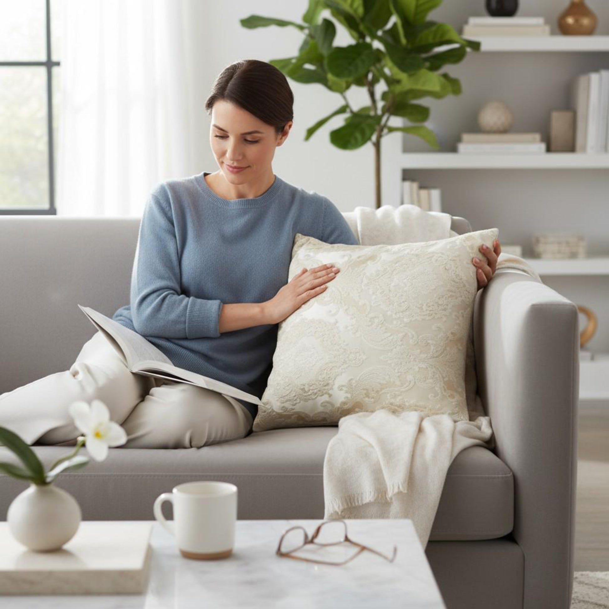 Woman reading a magazine on a couch in a cozy living room.
