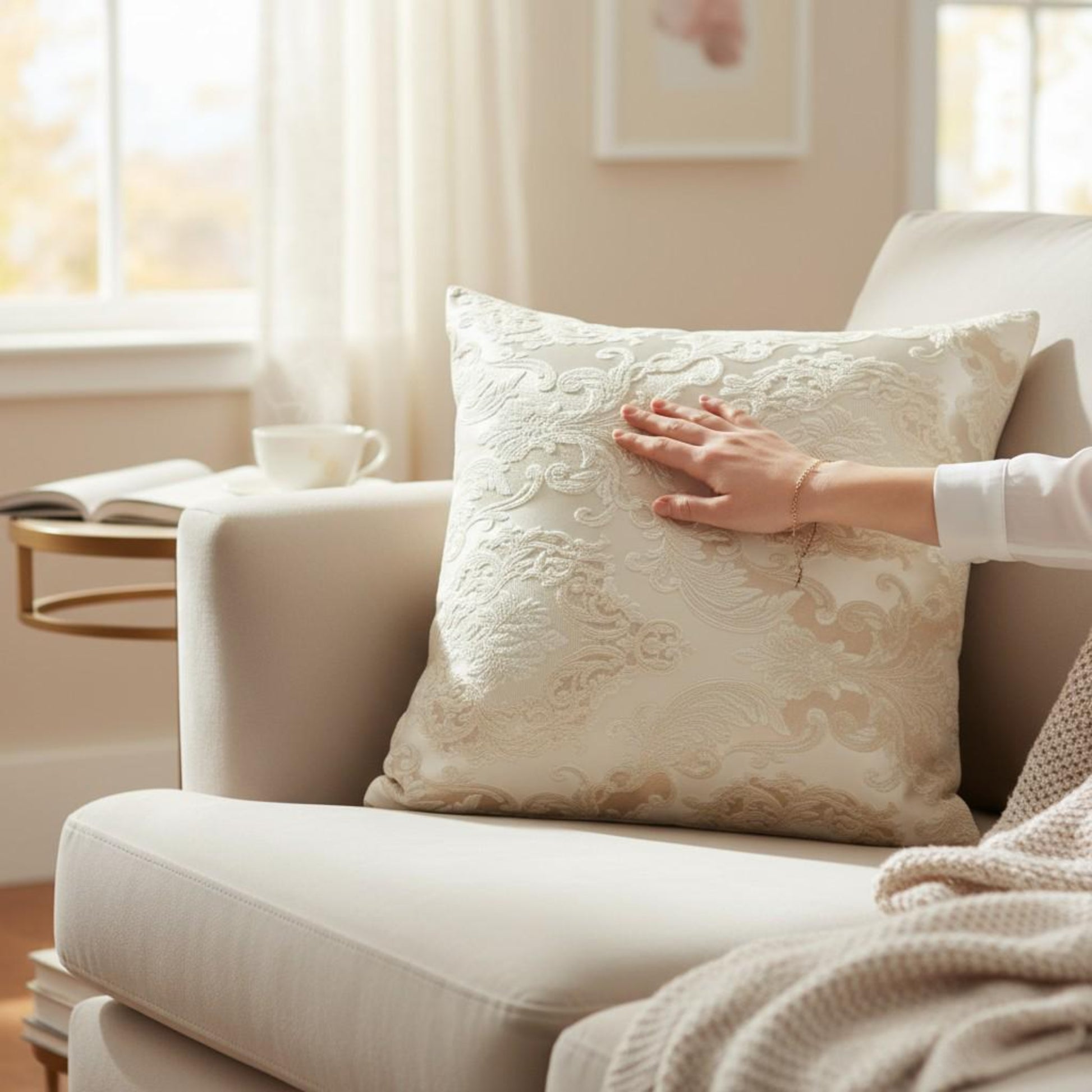 Person adjusting a decorative pillow on a couch in a cozy living room.