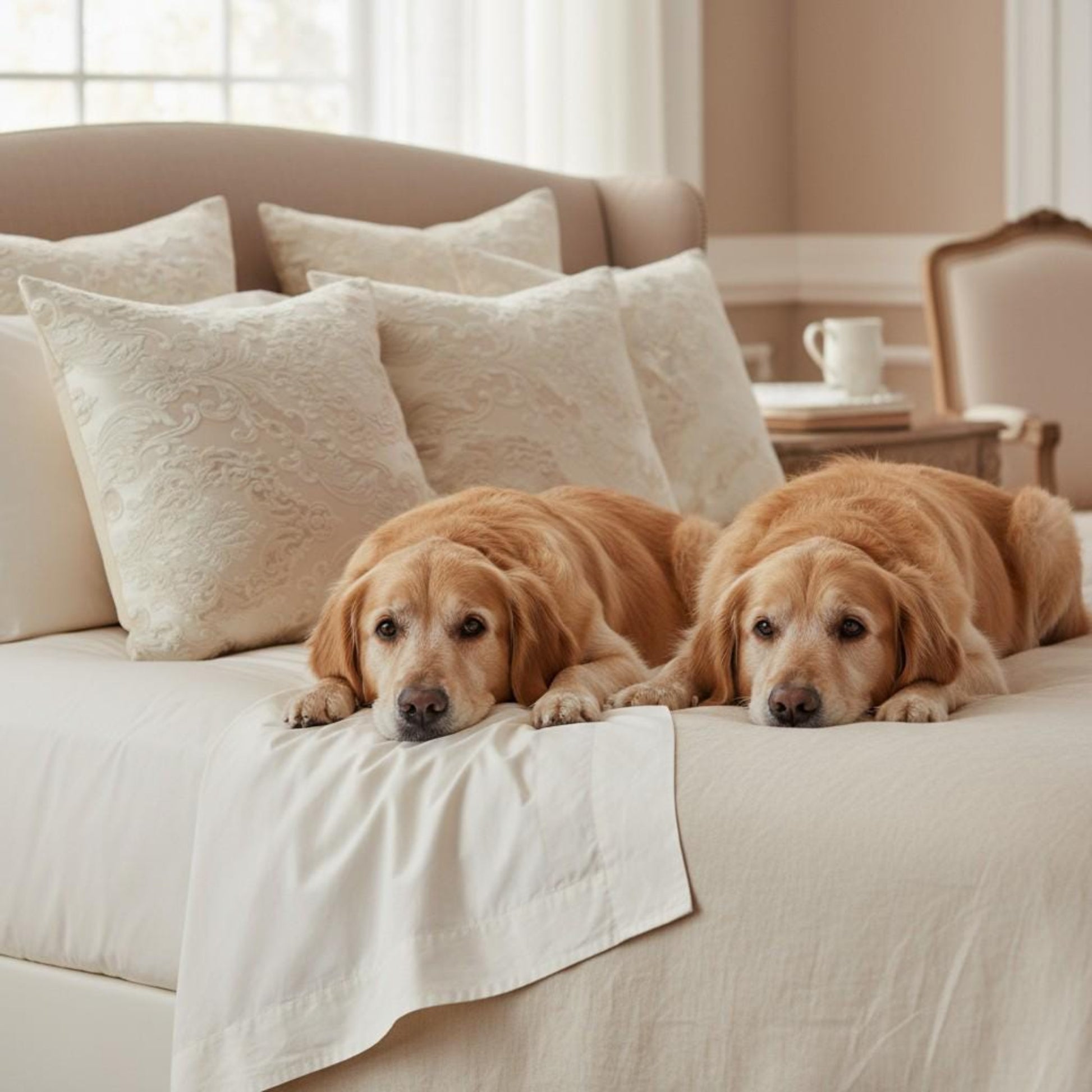 Two golden retrievers lying on a beige sofa in a cozy living room.