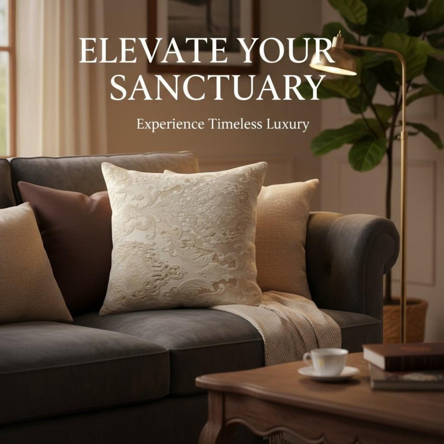 Cozy living room with a gray sofa, decorative pillows, and a coffee table with a cup and book.