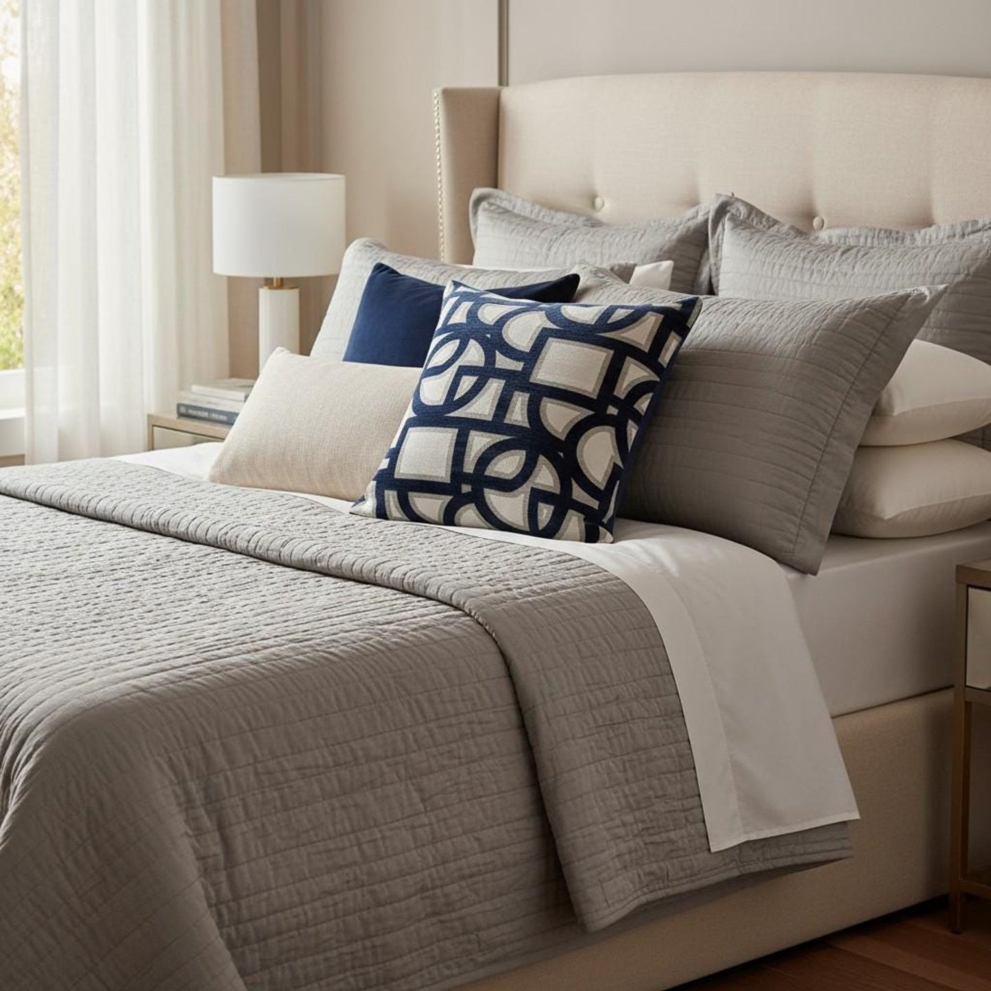 Neatly made bed with decorative pillows in a bedroom setting