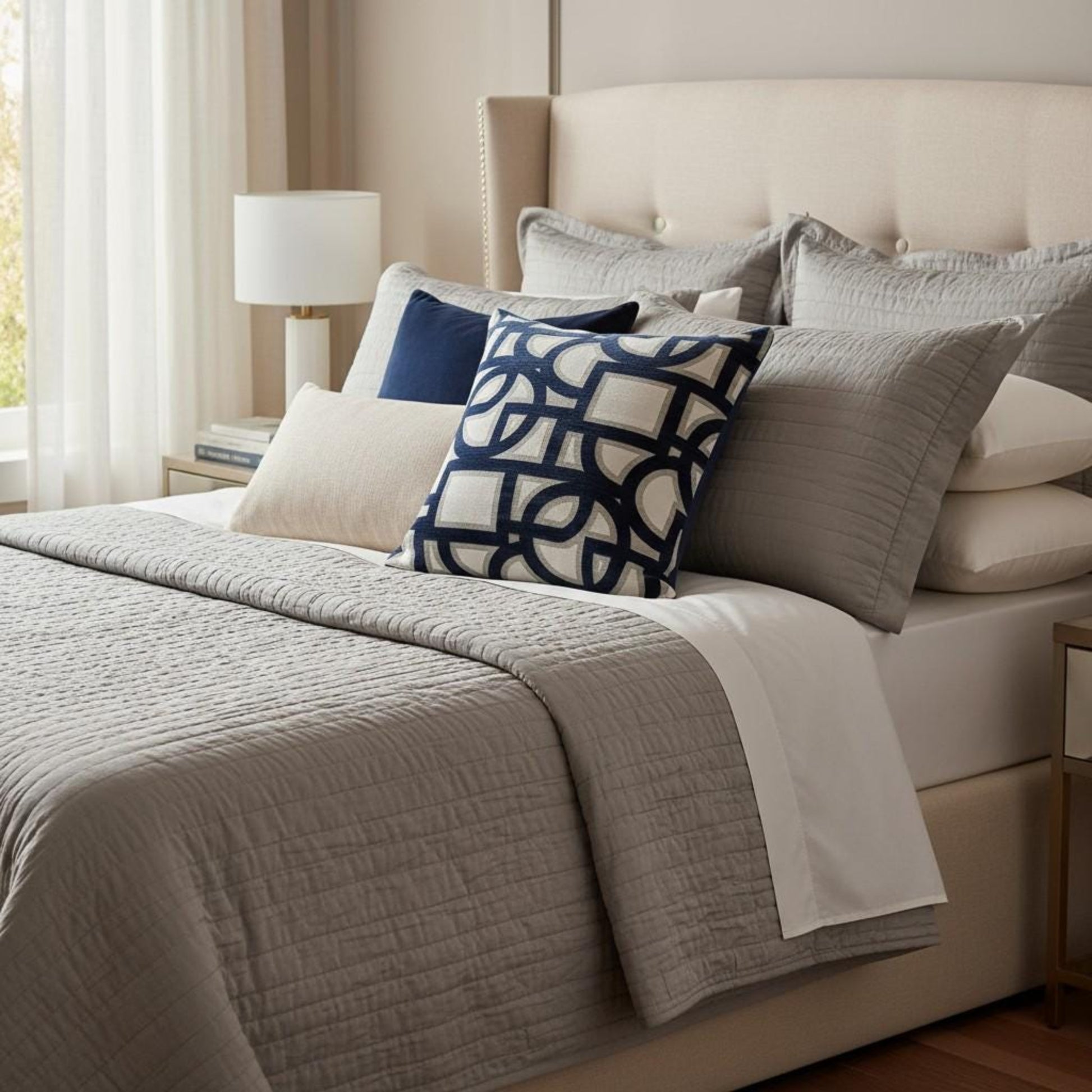 Neatly made bed with decorative pillows in a bedroom setting
