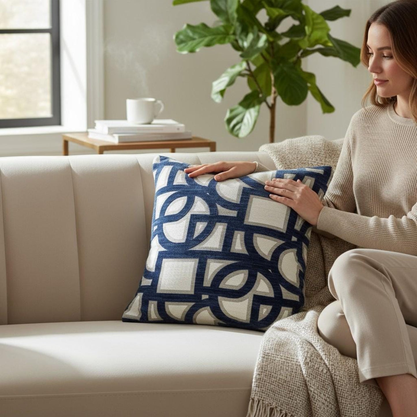 Woman arranging a decorative pillow on a beige sofa in a cozy living room.