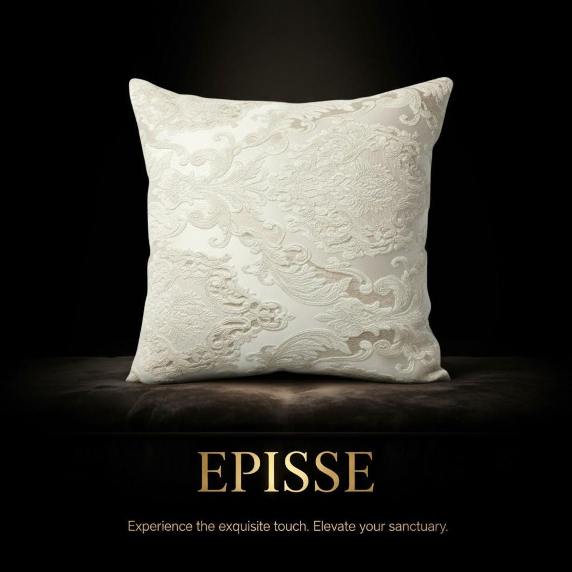 Decorative pillow with intricate patterns on a dark background, featuring the brand 'Episse'.