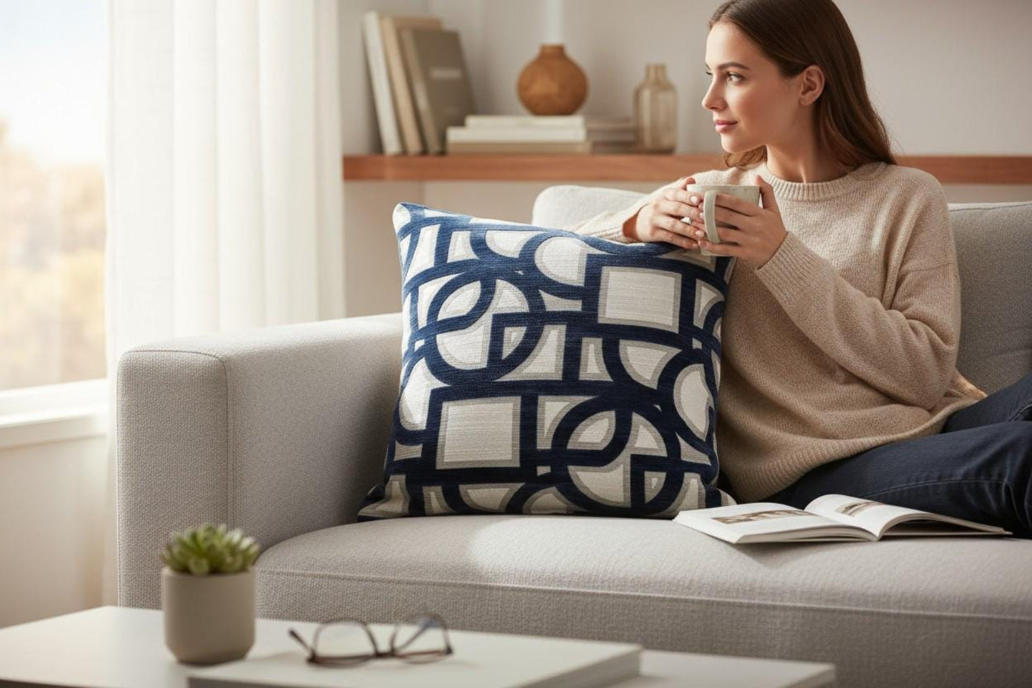 Woman sitting on a couch with a patterned pillow, holding a mug and reading a book.