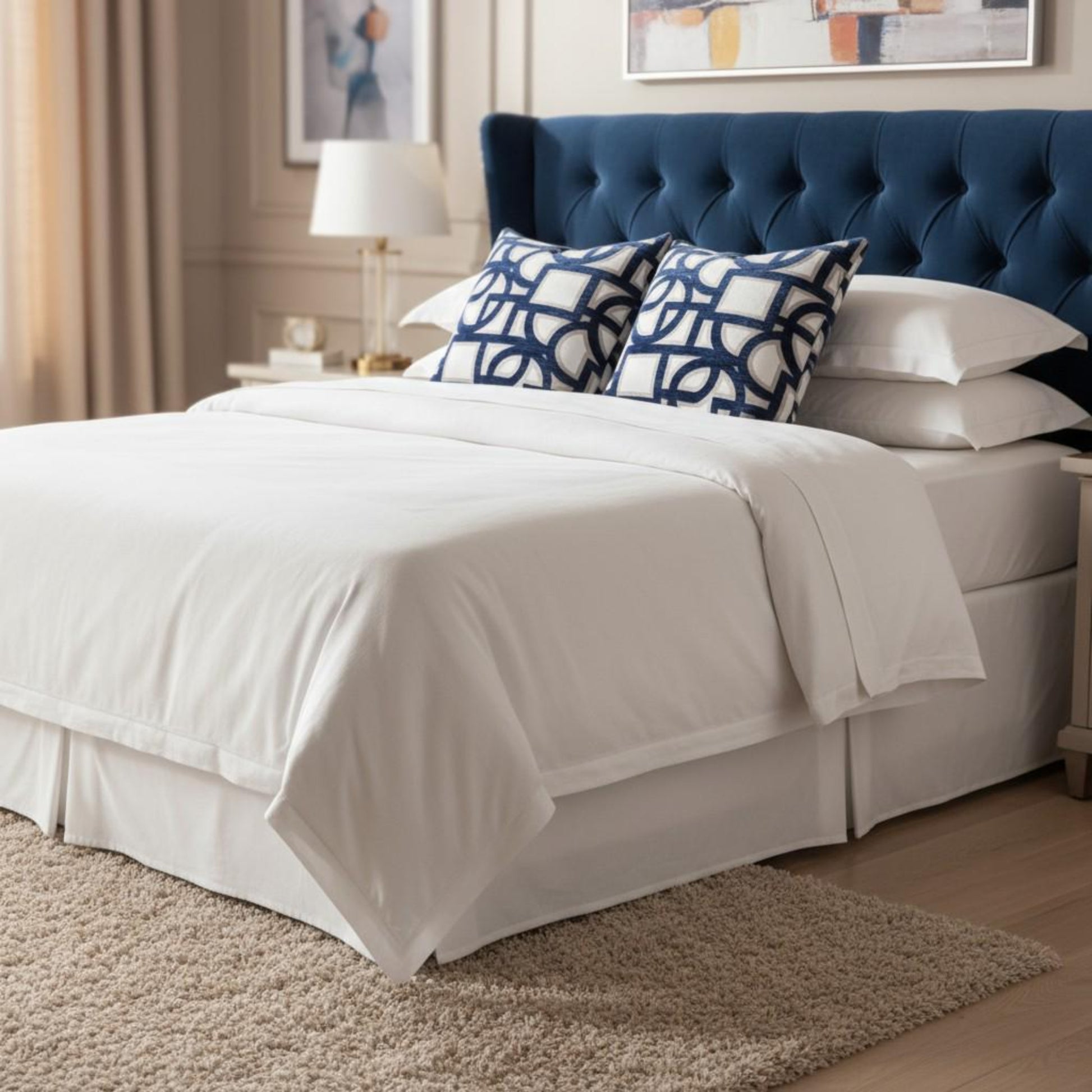 Bedroom with a bed featuring white bedding and blue pillows, a blue tufted headboard, and a lamp on a nightstand.