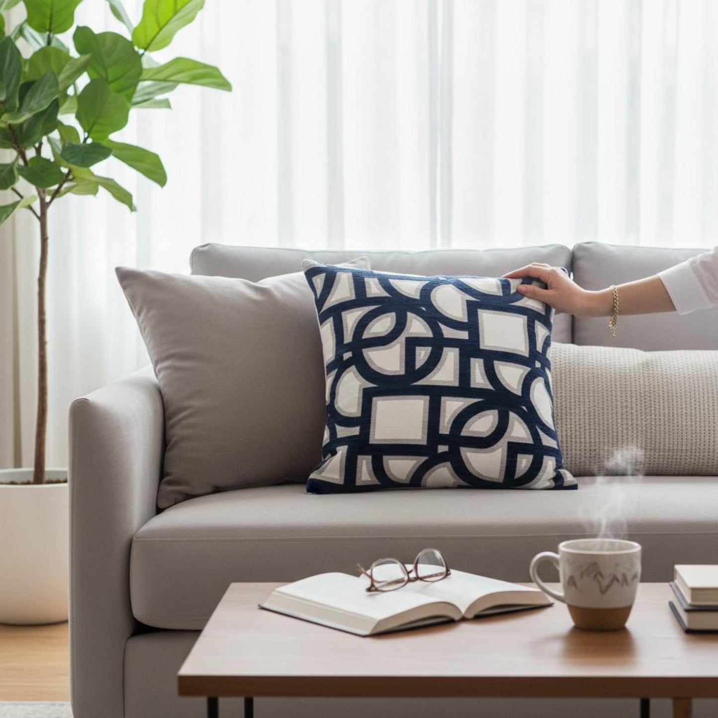Person arranging a decorative pillow on a couch in a living room with a coffee table and books.