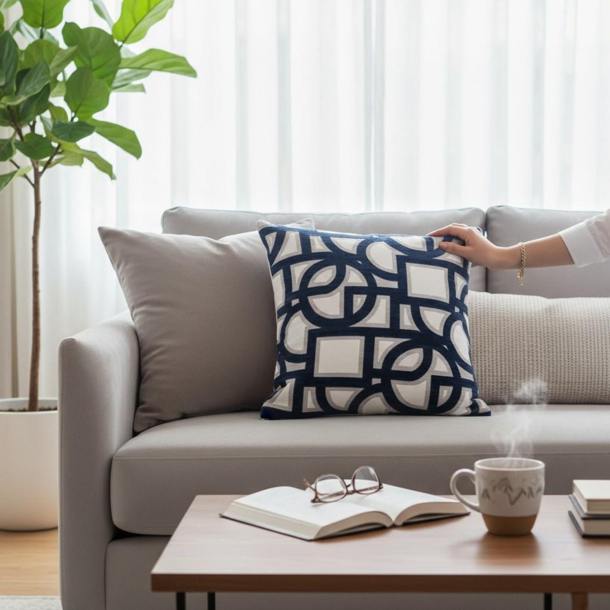 Person arranging a decorative pillow on a couch in a living room with a coffee table and books.