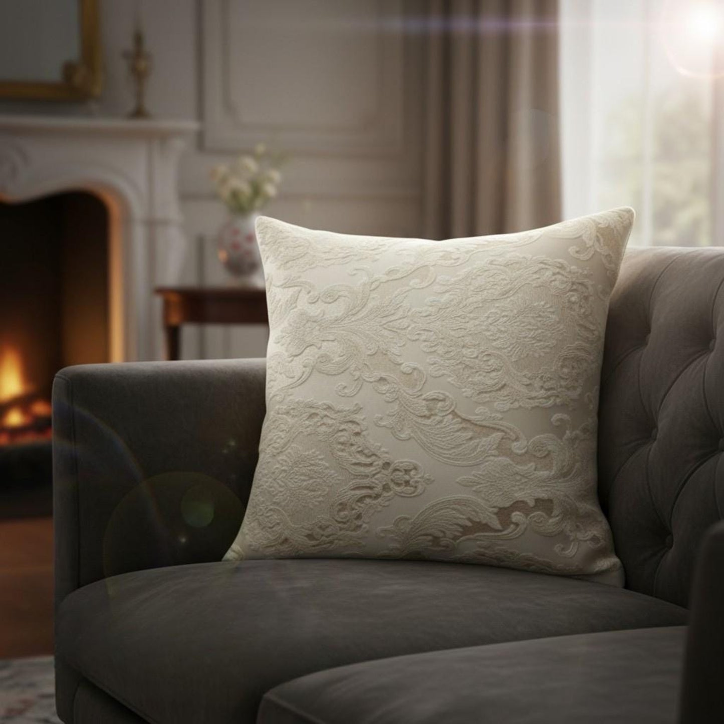 Decorative pillow on a gray sofa in a cozy living room with a fireplace.