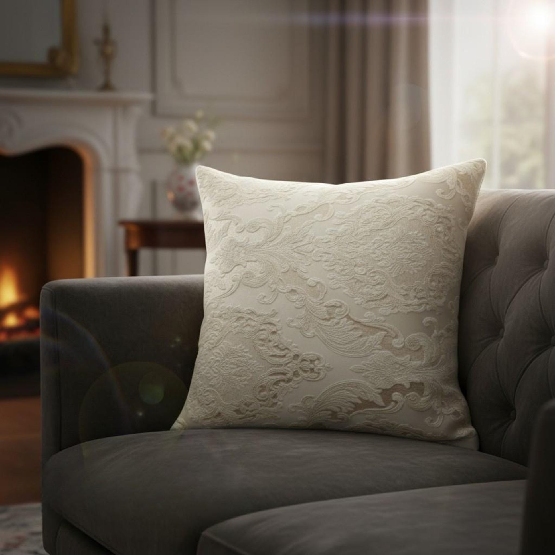 Decorative pillow on a gray sofa in a cozy living room with a fireplace.