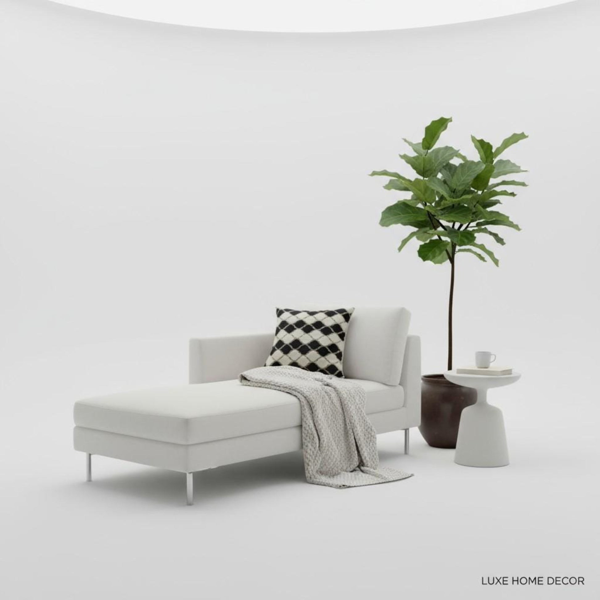Modern white sofa with a plant and small table on a white background