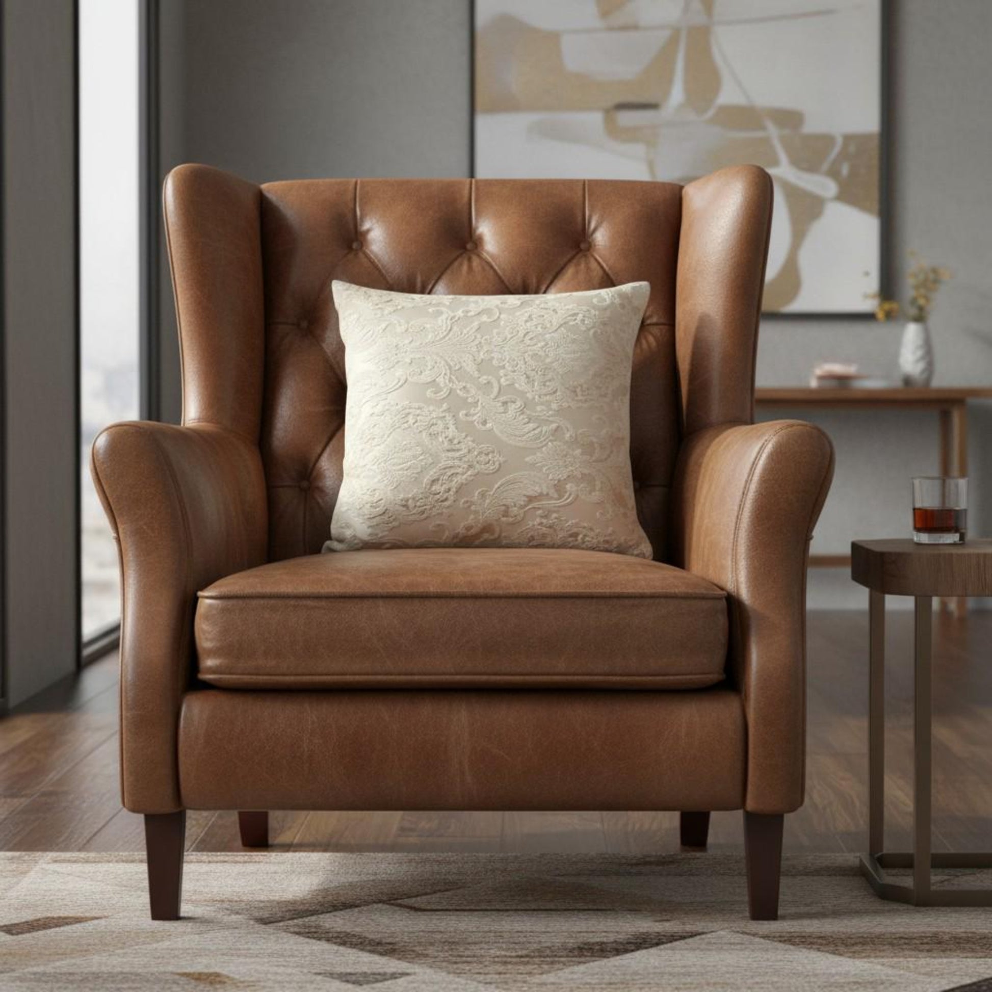 Brown leather armchair with a decorative pillow in a room setting.