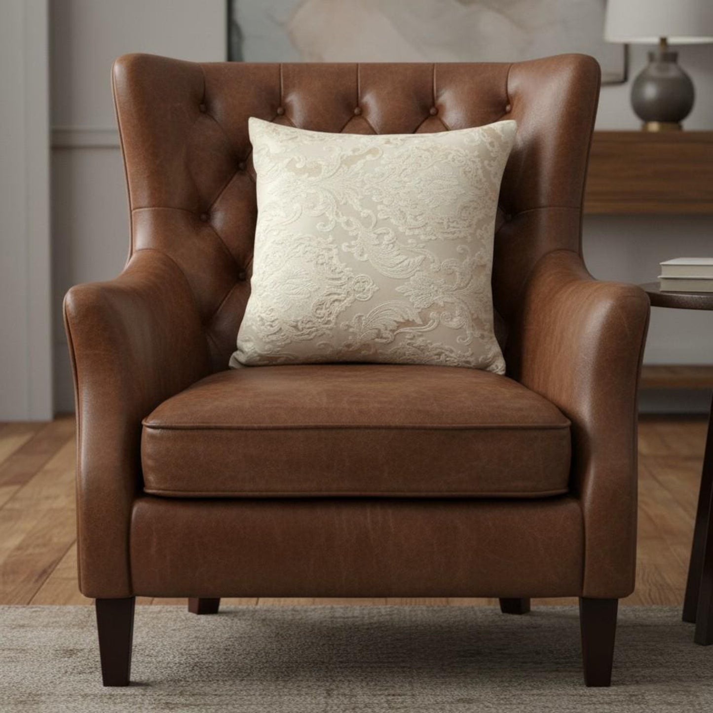 Brown leather armchair with a decorative pillow in a room setting.