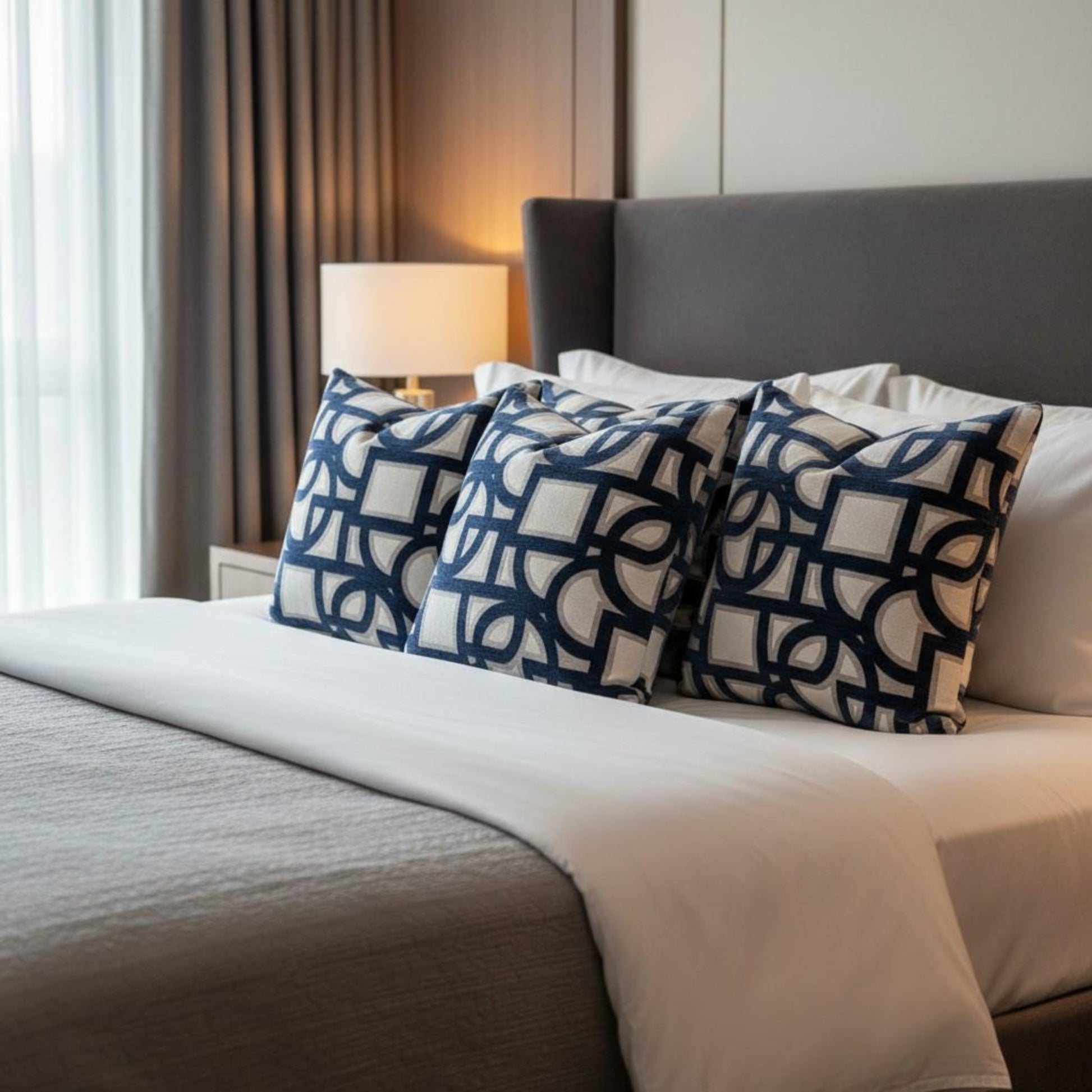 Bed with patterned blue and white pillows in a bedroom setting.