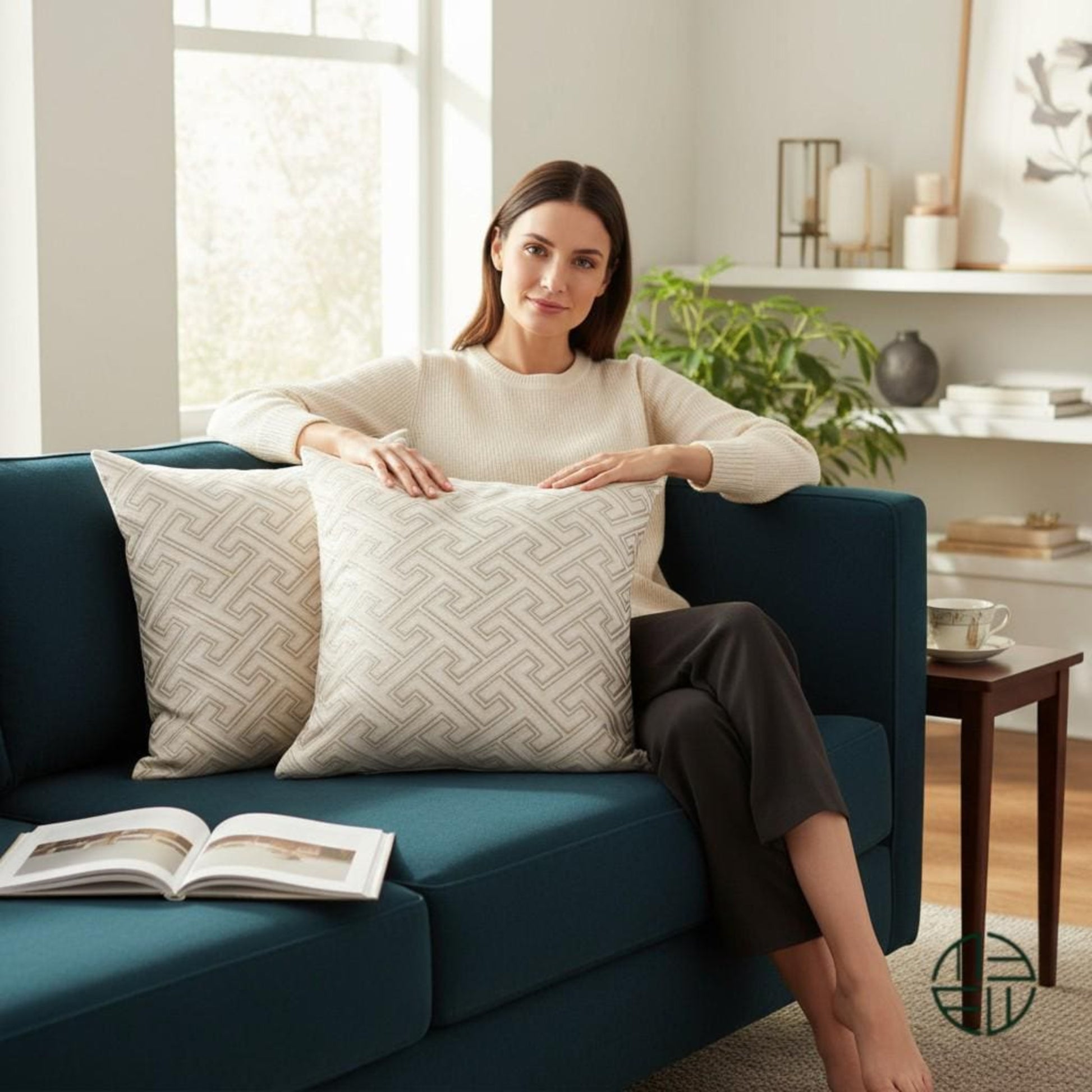Woman sitting on a blue couch with luxury pillows and an open book, in a bright living room.