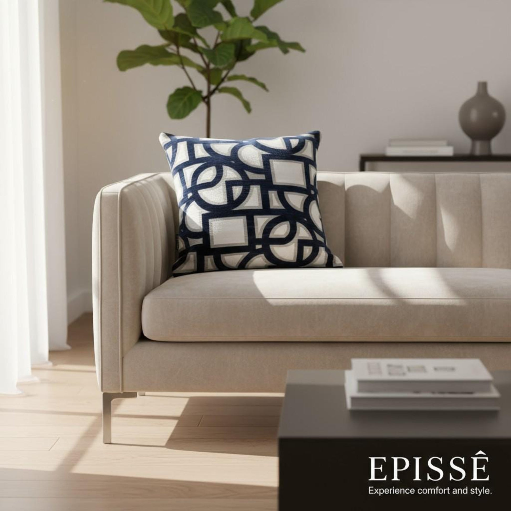 Beige sofa with a decorative pillow in a modern living room setting, featuring the brand 'Episse'.