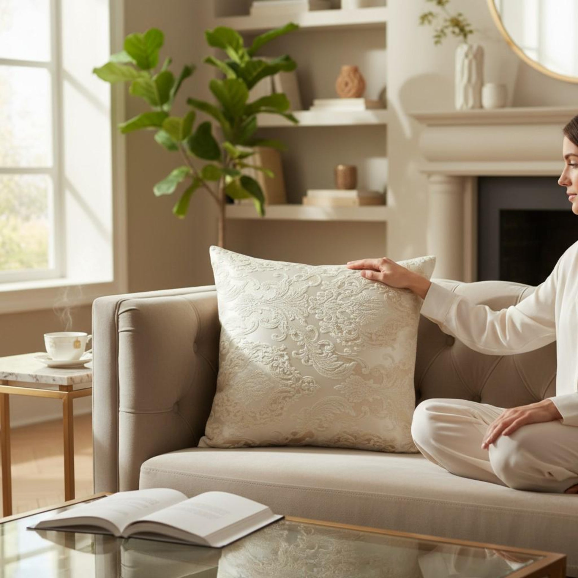Woman arranging a decorative pillow on a couch in a cozy living room.