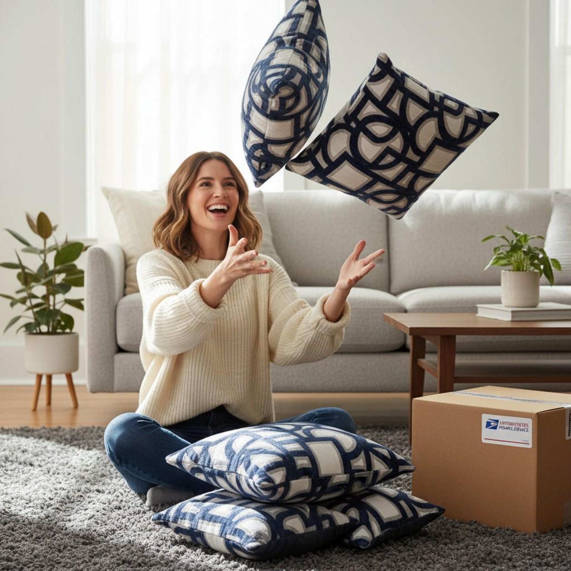 Woman sitting on the floor with decorative pillows and a UPS package in a living room.