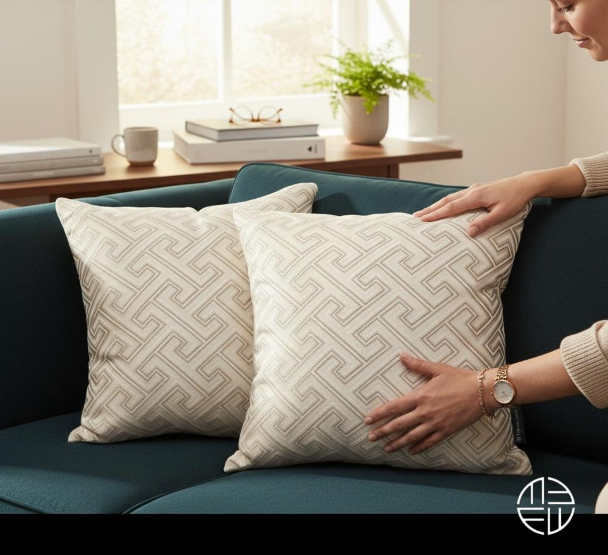 Person arranging decorative pillows on a couch in a cozy living room.