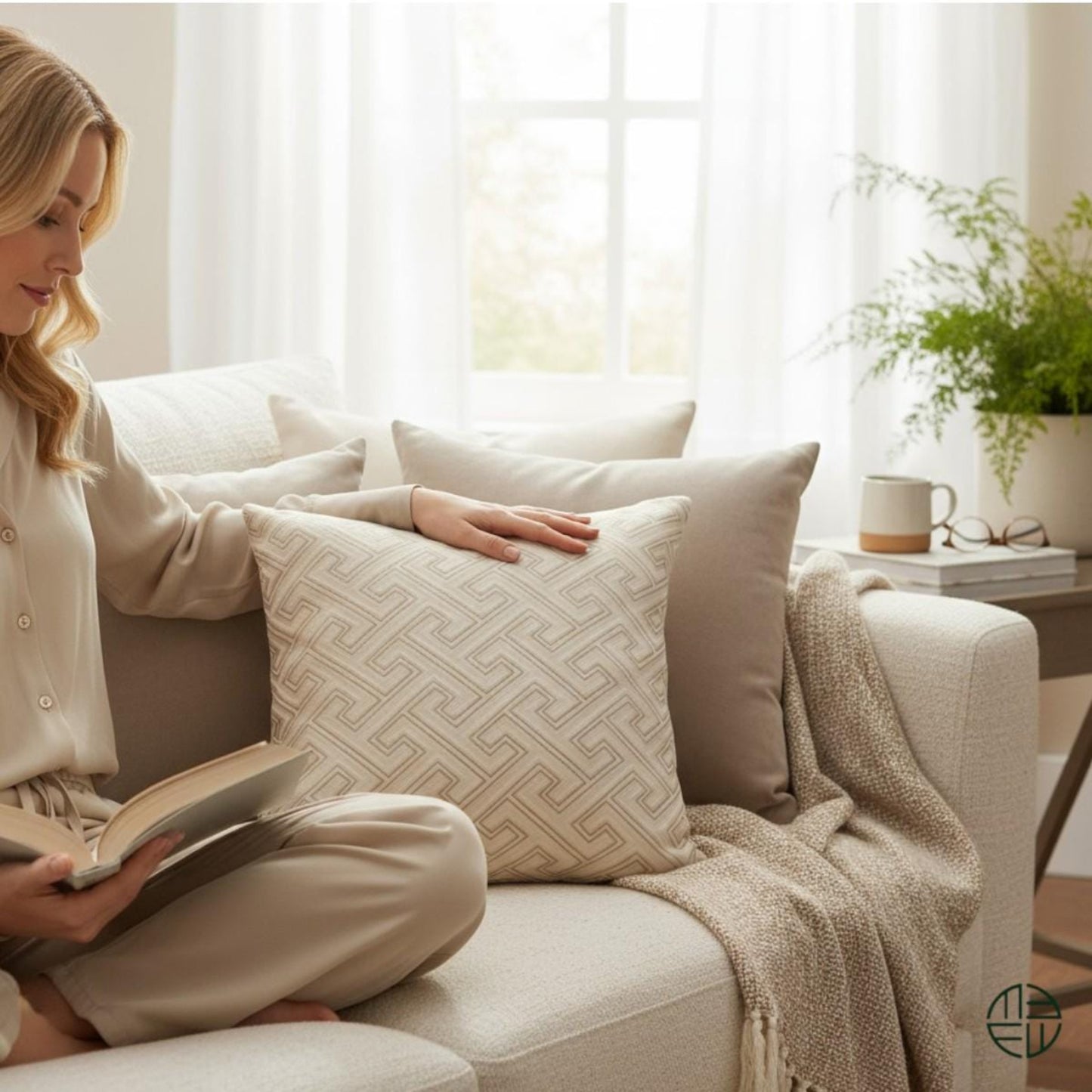 Woman reading a book on a cozy couch with decorative pillows and a blanket.