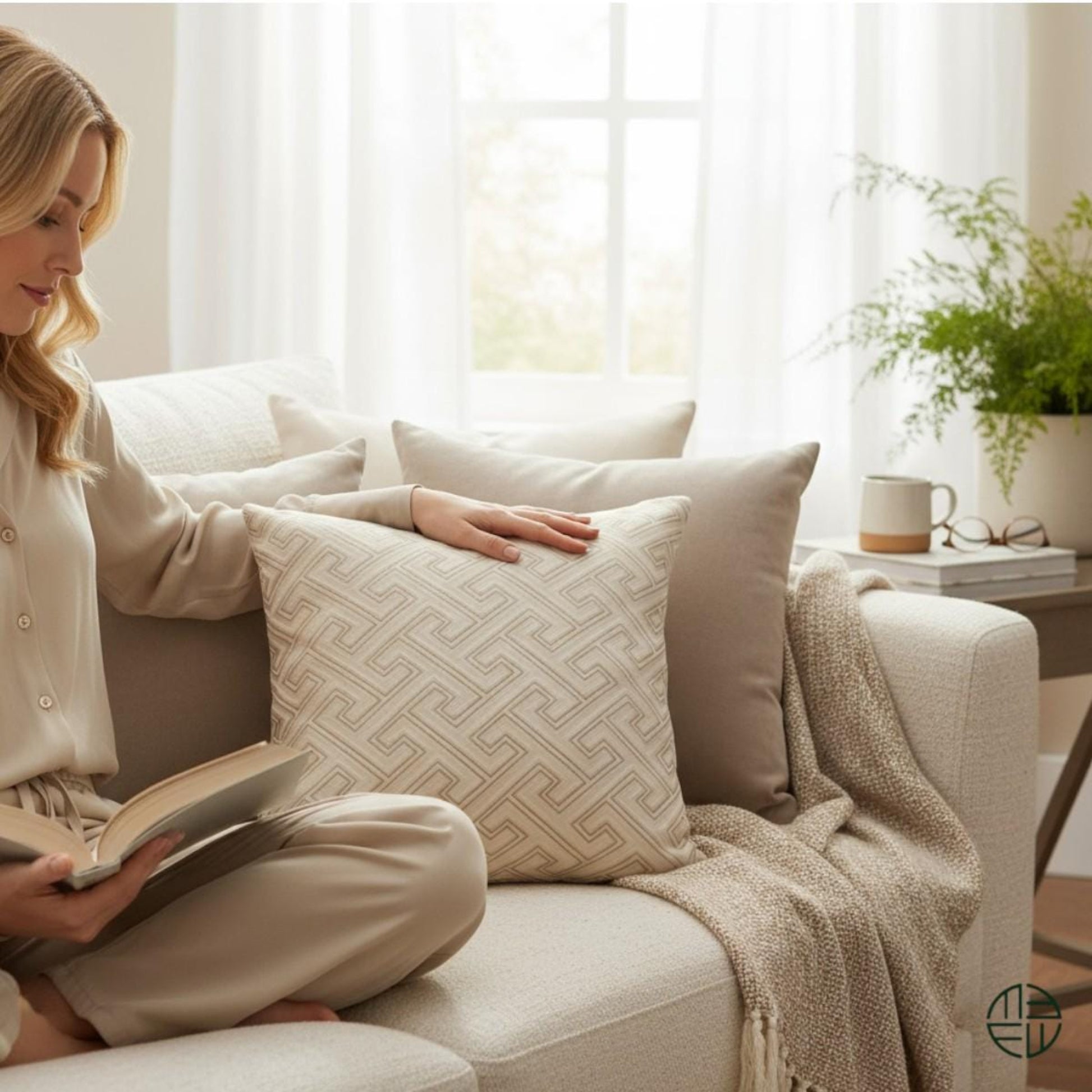 Woman reading a book on a cozy couch with decorative pillows and a blanket.