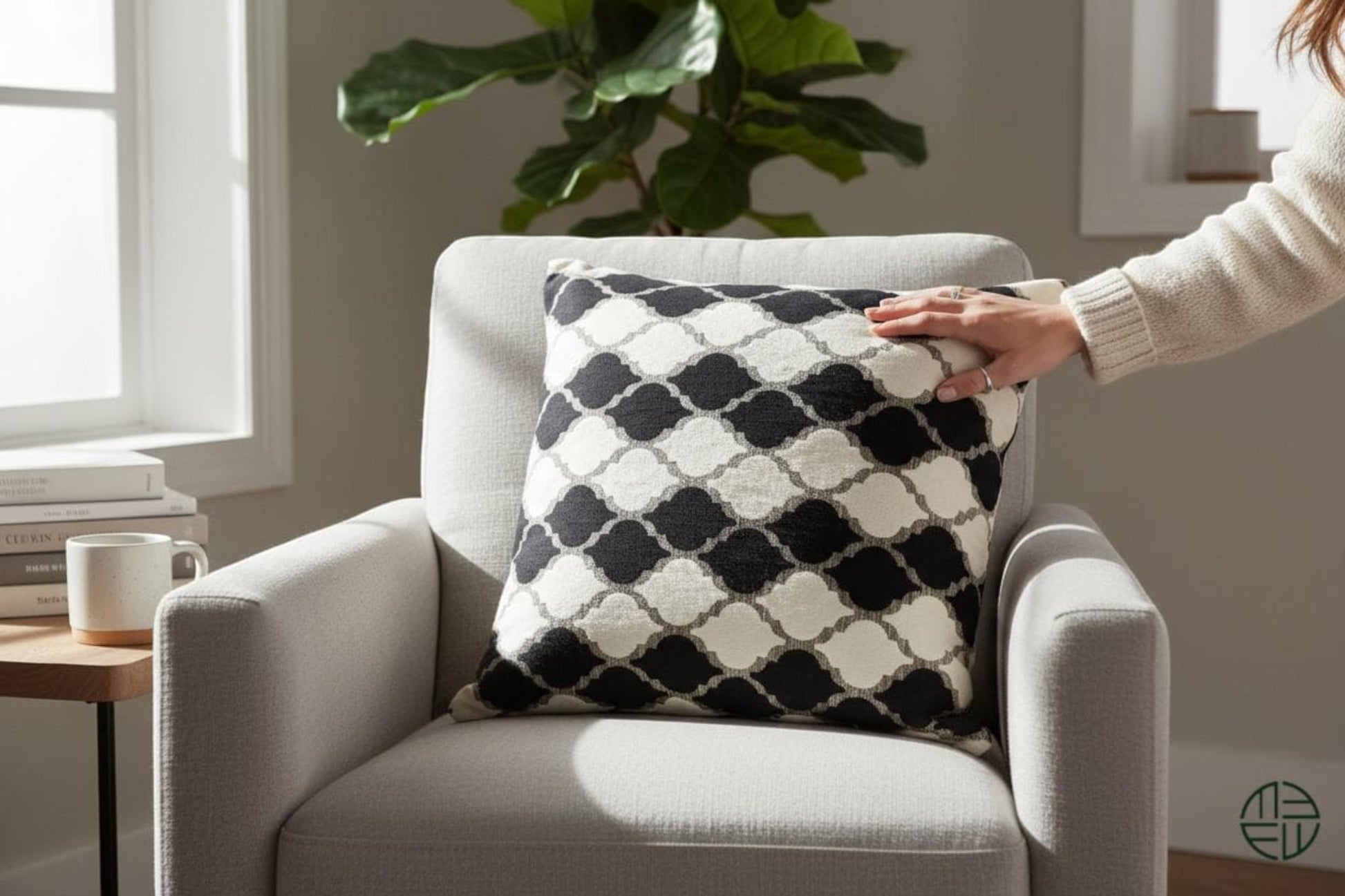 Person adjusting a black and white checkered pillow on a gray armchair in a room with a plant and books.