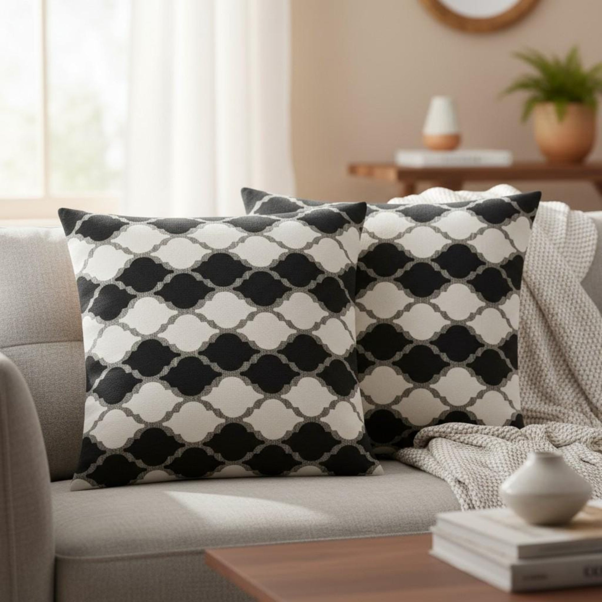 Black and white patterned pillows on a sofa in a living room setting.