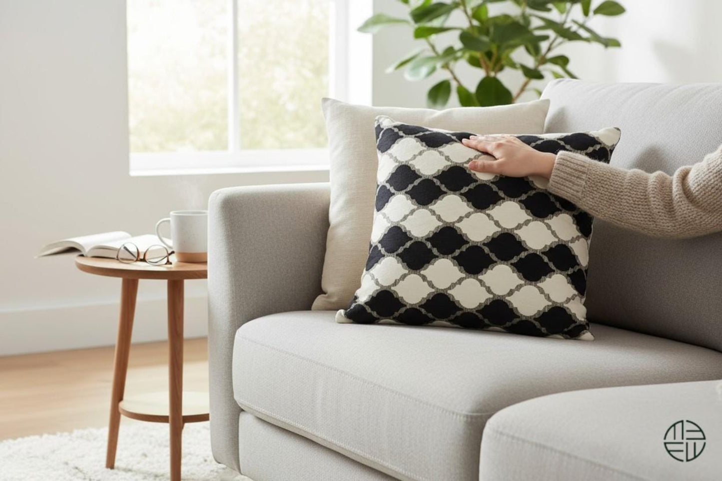 Person arranging a black and white checkered pillow on a gray sofa in a bright living room.